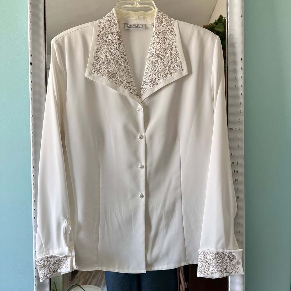 Karen Scott Embroidered Collar Blouse Size 12 White Long Sleeve